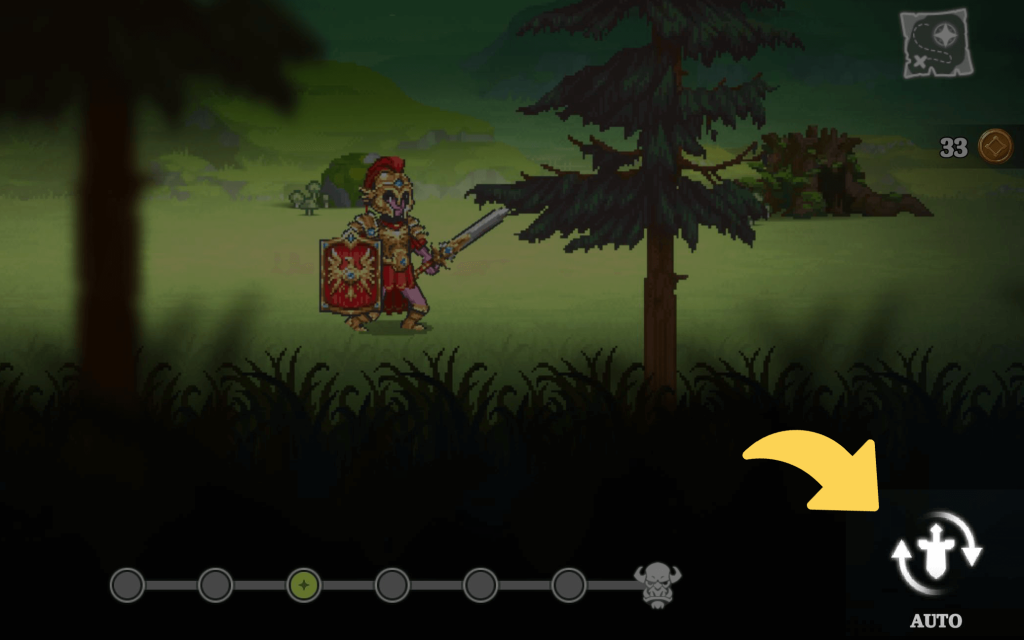 
A detailed screenshot from the game "Arcanterra," capturing a scene of a hero standing in a forest or grassy field. The hero is a warrior-type character, wearing ornate golden Roman-style armor with a crested helmet and a red cape. They are holding a sword and a red and gold shield emblazoned with a sunburst symbol.

The background is a 2D pixel-art landscape featuring tall pine trees, a patch of what appears to be a monster or tree stump, and a slightly blurred forest setting.

At the bottom of the screen, there is a user interface element displaying a chapter map. It is a horizontal progression bar with circular nodes representing different stages. A yellow arrow prominently points from the right side of the screen to a button labeled "AUTO," which features an icon of two looping arrows. This button is identified as the auto-attack function, which automates the hero's actions in combat. The current stage is highlighted on the progression bar, and a coin count of "33" is visible in the top right corner.