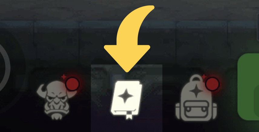 A detailed close-up screenshot from the game "Arcanterra," focusing on a segment of the user interface at the bottom of the screen. A prominent, curved yellow arrow points directly downwards to the central icon. This icon depicts a stylized open book with a bookmark and a glowing starburst symbol on its pages, representing the "Chapters" tab of the game.

To the left of the book icon is another button featuring a stylized monster head with horns and glowing red eyes, which is identified as the "Quick Hunting" or "AFK mode" tab. A small, red circular notification icon is visible on the top right of this monster head icon, indicating new content or a reward to be claimed.

On the right side of the book icon is a third button showing a backpack symbol, which represents the player's "Inventory" tab. This icon also has a small red notification circle on its top right. The background is a dark, blurry texture, suggesting the menu is overlaid on the main game screen.
