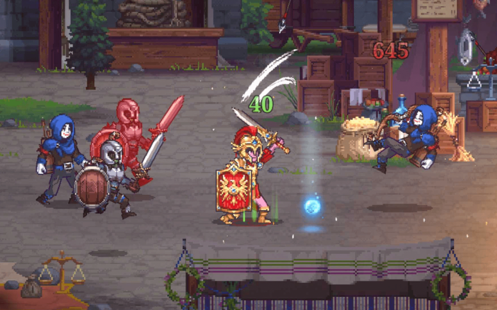 A detailed, pixel-art style, 2D side-scrolling RPG battle scene. In the center, a hero character, possibly a paladin or warrior, is poised in a dynamic attack stance. They are wearing ornate golden armor with a crested helmet and a red cape, and they are wielding a glowing golden sword and a red and gold shield emblazoned with a sun or starburst symbol. White streaks follow their sword's motion, indicating a swing. A small, glowing blue orb floats near their feet.

To the left of the hero are two enemies. The first is a heavily armored warrior in gray armor, wielding a round shield and a sword. Beside it is a towering, ghostly red skeletal figure with a large, glowing red sword.

On the right side of the screen, another enemy, a hooded figure in a dark blue robe, is kneeling and aiming a bow. Red damage numbers are shown floating above the enemies: "40" above the hero's attack, and "645" above the archer, suggesting they have just been hit or are about to be.

The background depicts a rustic town or market street with wooden buildings, crates, barrels, and a weighing scale on the far left. The setting appears to be a courtyard or town square. A large burlap sack is visible near the center, and a hanging garland of leaves and flowers adorns the bottom of the screen.