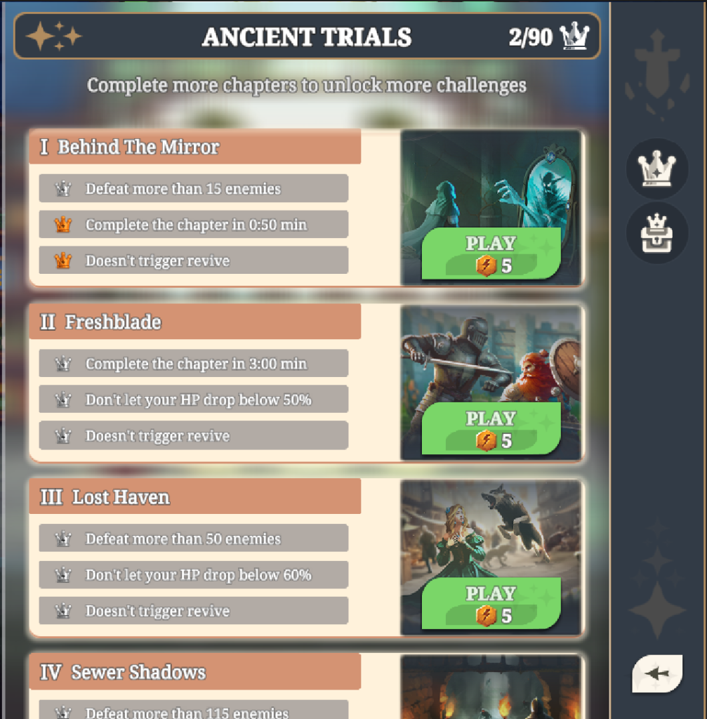 A detailed screenshot from the game "Arcanterra," showing the "Ancient Trials" challenge selection panel. The screen has a fantasy-themed user interface, with a background depicting a cavern or dungeon environment with a stone archway and mystical light. In the foreground, a vertical list of different trials is presented. Each trial is a different challenge. The entries include the trial name, a short description, the recommended difficulty level, and a reward icon. For example, one trial might be named "The Trial of the Serpent's Coil" and a small icon of a snake might be visible. The interface uses a rustic, parchment-like aesthetic with glowing elements and rune-like symbols.
