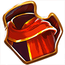 Arcanterra upgrade material icon: a glossy, gold-bordered shard featuring a piece of the Red Cape fabric, used as a Red Cape Part for upgrades.
