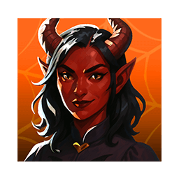 Arcanterra Halloween Horde profile avatar: stylized portrait of a confident red-skinned demon woman with curved brown horns, pointed ears, dark wavy hair, and a black outfit, set on a bright orange background with subtle spider-web motif.