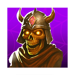 Arcanterra Halloween Horde profile avatar: skeletal figure with bright golden eye sockets and teeth, armored in a horned helmet with a magenta emblem and a brown hooded cloak, presented on a vivid purple background with a subtle spider-web motif.