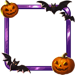Decorative avatar frame from Arcanterra’s Halloween Horde event: a square purple border adorned with two carved pumpkins and three black bats, used as an event reward cosmetic item.