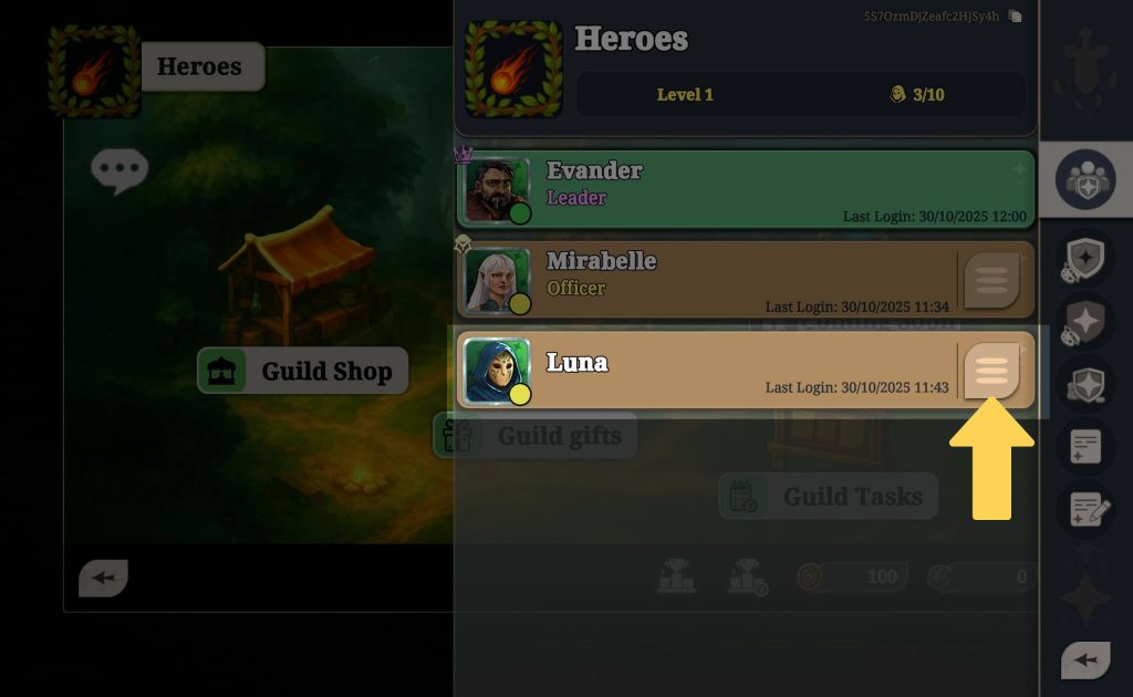 A guild member list from the “Heroes” guild in Arcanterra. It shows Evander (Leader), Mirabelle (Officer), and Luna (Member). A yellow arrow points to the button with three horizontal lines next to Luna’s name, which opens member edit options. On the right side, a vertical menu displays guild management and editing icons. The guild hub is visible in the background.