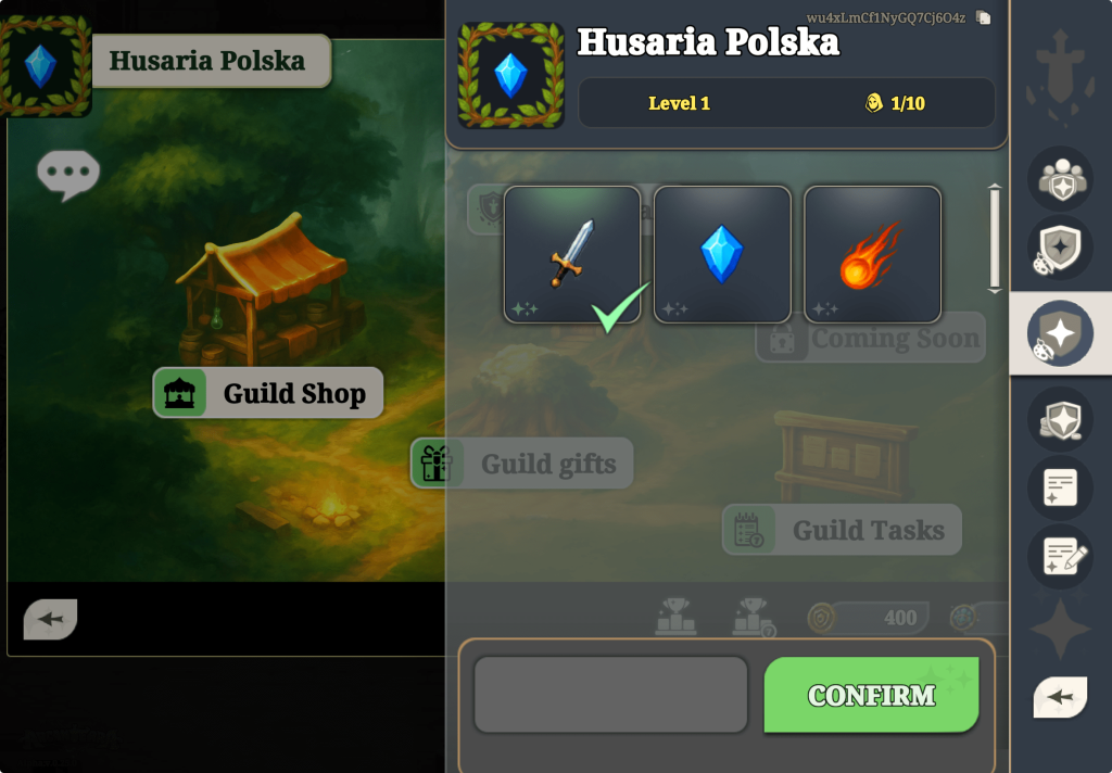 Guild edit panel from Arcanterra, showing the guild Husaria Polska with its emblem displayed in a frame. The panel allows selecting a new guild emblem - three icon options (a sword, a blue gem, and a fireball) are shown, with the sword currently selected. A CONFIRM button appears at the bottom. On the right, a vertical sidebar displays guild editing and management options. In the background, the guild event hub is visible.