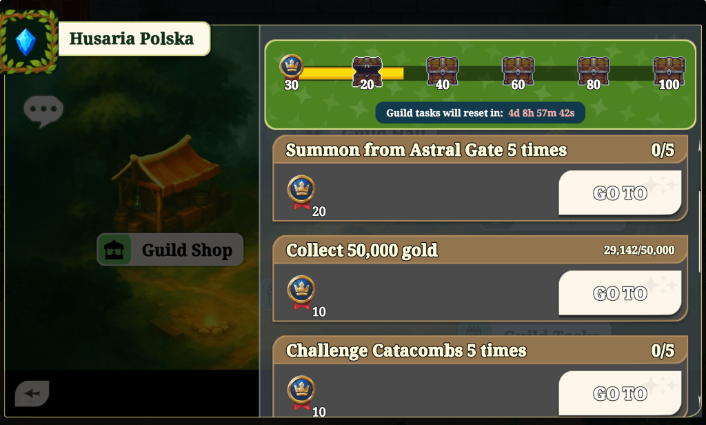 Arcanterra weekly Guild Tasks panel over the guild hub background. A progress bar at the top shows milestone chests (e.g., 20, 40, 60, 80, 100) with a reset timer. Below are tasks with counters and GO TO buttons, such as “Summon from Astral Gate 5 times,” “Collect 50,000 gold,” and “Challenge Catacombs 5 times.” In the top-left corner, the guild name Husaria Polska and its emblem are displayed.