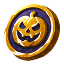 Arcanterra Halloween Horde currency icon - shiny gold coin featuring a jack-o’-lantern motif on a purple inset, used as the Halloween Coin reward and purchase token.