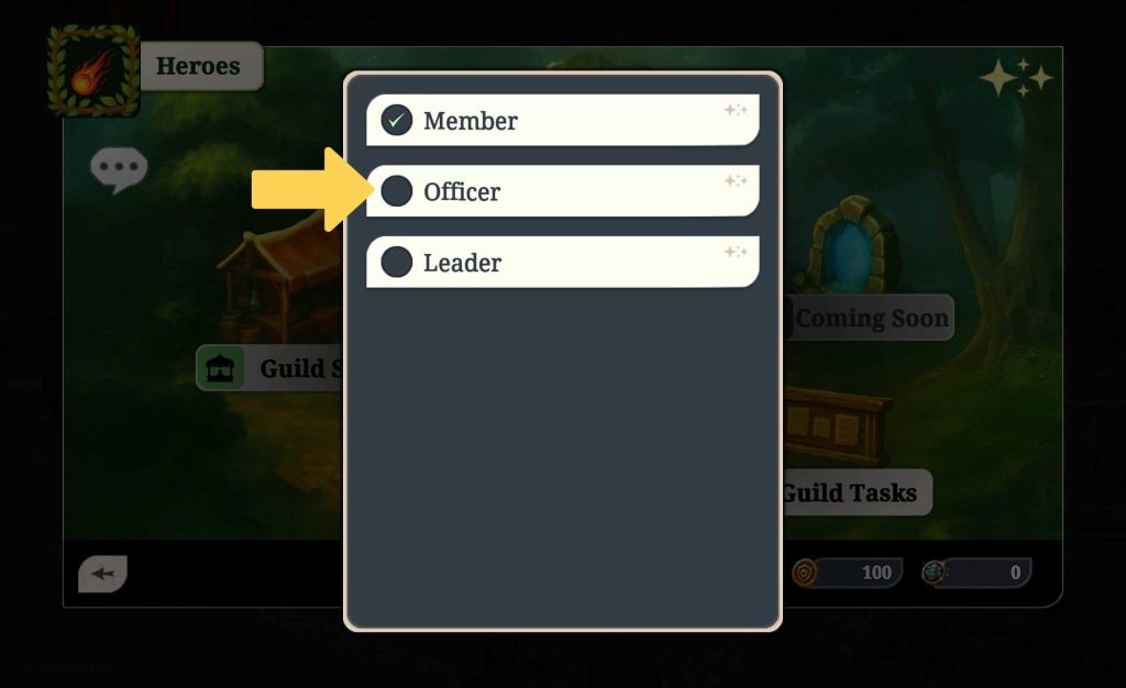 A role selection panel in Arcanterra shows three options for the “Heroes” guild: Member (checked), Officer (highlighted with a yellow arrow), and Leader. The guild hub is visible in the background.