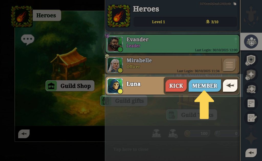 A guild member list from the “Heroes” guild in Arcanterra. It shows Evander (Leader), Mirabelle (Officer), and Luna (Member). A yellow arrow highlights the blue MEMBER button next to Luna, with a red KICK button beside it. On the right edge, a vertical sidebar displays guild management/edit options. The guild hub is visible in the background.