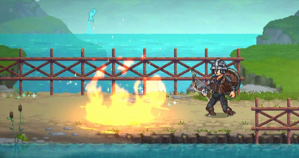 Arcanterra screenshot: Fire Trap skill ignites a circular flame on the ground near a bridge as an armored character stands to the right by the shoreline.