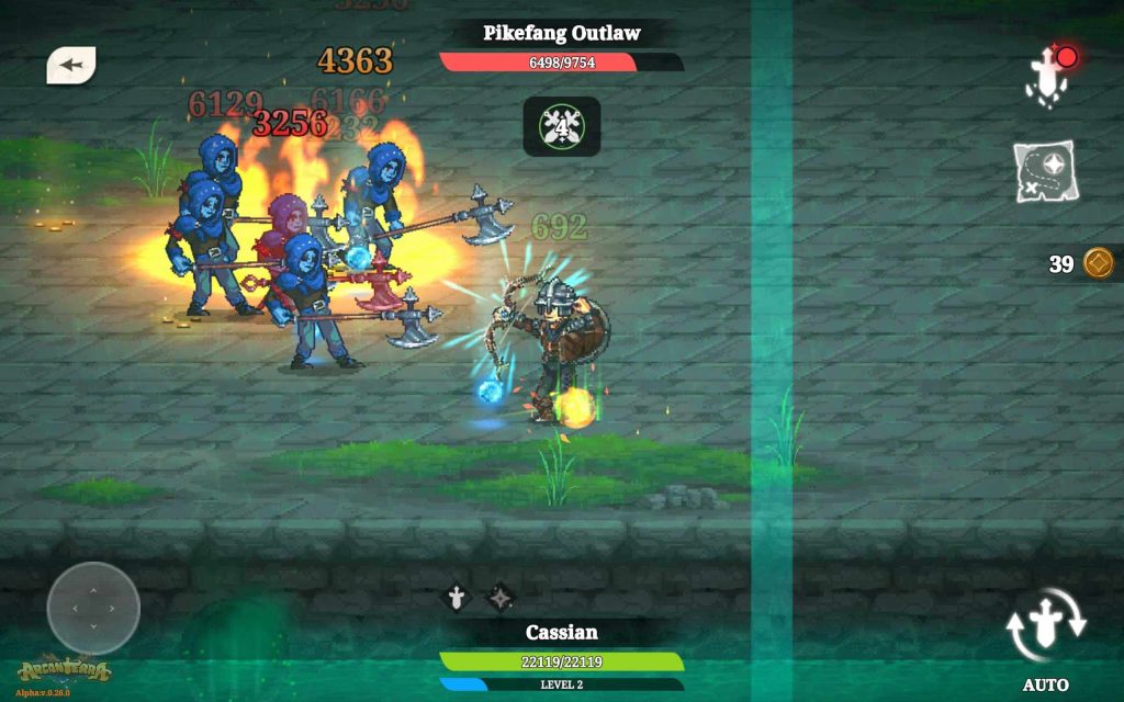 Arcanterra battle UI showing “Pikefang Outlaw” health bar at the top, a group of blue axe-wielding foes taking fire damage, and the hero Cassian on the right with a full HP bar (22,119/22,119), Level 2, and on-screen controls including minimap, coins (39), and Auto.