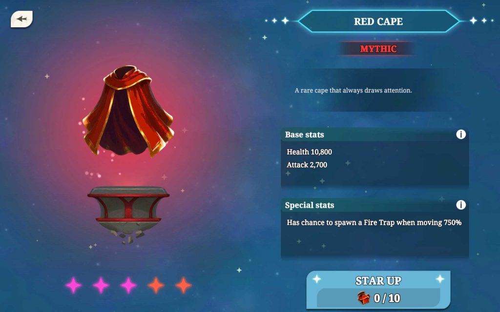 Arcanterra UI showing the Red Cape artifact (MYTHIC). Right panel lists: description “A rare cape that always draws attention,” base stats Health 10,800 and Attack 2,700, special stat “Has chance to spawn a Fire Trap when moving,” star icons for upgrade level, and a “Star Up 0/10” button.