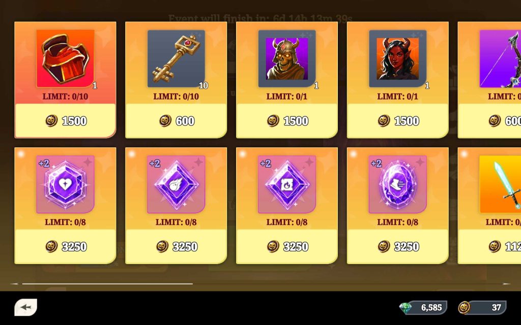Arcanterra Halloween Horde event shop interface: grid of purchasable rewards including Red Cape parts, keys, avatar icons, enhancement crystals, and weapon items. Each item shows a coin cost, purchase limit, and uses Halloween Coins as the event currency.