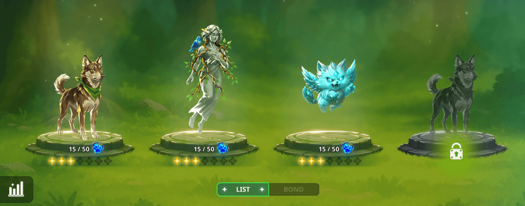 Arcanterra Spiritbounds panel showing four summonable companions: Bruno the Loyal, Spring Maiden, Nyx, and a locked Spirit Wolf. Each Spiritbound displays its upgrade stars and a parts progress counter indicating collected parts out of the required amount to unlock or upgrade.